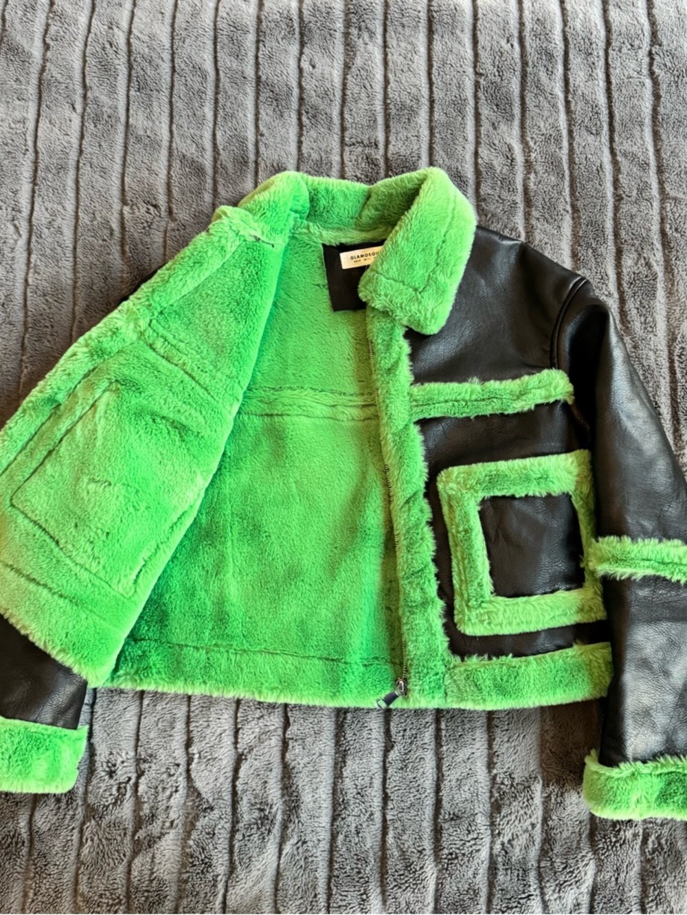 Glamorous Black Jacket with Bright Green Faux Fur Trim - Picture 2 of 4